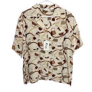 Riva Silk Shirt Womens Large Button Top Chain Print Shoes Handbags Vintage Retro